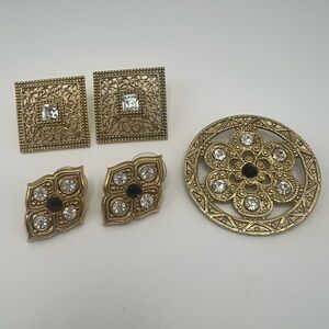Brooch & Post Back Earrings Lot of 3 Vintage 1928 Elegant Gold Tone Victorian